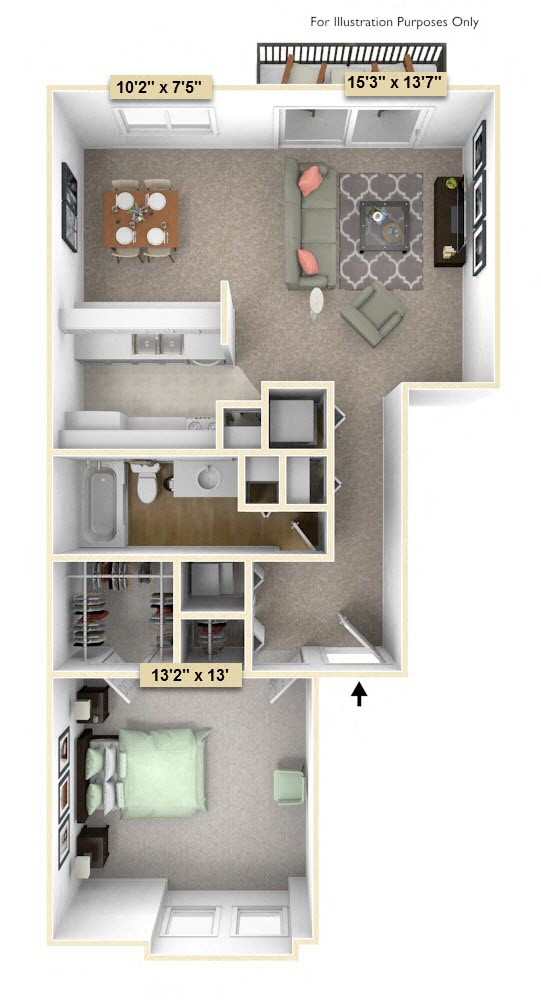 Floor plan for 1 bed, 1 bath, 926 sqft
